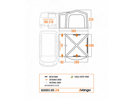 Technical diagram of a Vango Quadris Air Low tent with dimensions and feature labels on a white background.