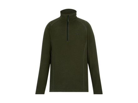 An olive green long-sleeve quarter-zip pullover top with a high collar, shown against a plain white background.