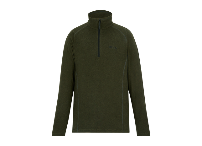 An olive green long-sleeve quarter-zip pullover top with a high collar, shown against a plain white background.