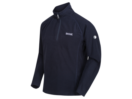 A dark navy blue quarter-zip fleece pullover jacket with a white embroidered 'Regtta' logo on the left chest and a circular logo patch on the right sleeve, shown on a plain white background.