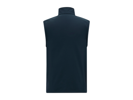 A dark blue Gillet shown from behind on a white background