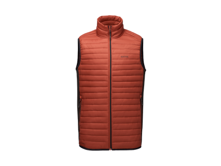 A rust-orange quilted puffer vest with black side panels and a black front zipper, shown on a plain white background.