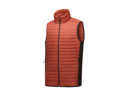 A sleeveless quilted puffer vest in a muted terracotta orange color, featuring black side panels and a black front zipper, shown against a plain white background.