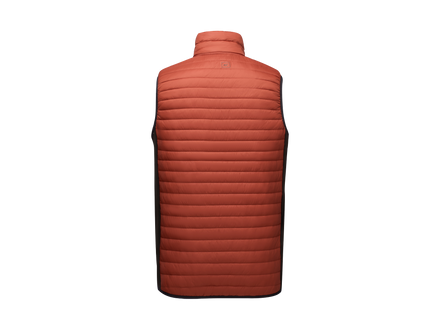 A sleeveless quilted puffer vest in a muted terracotta or burnt orange color, shown from the back against a plain white background.