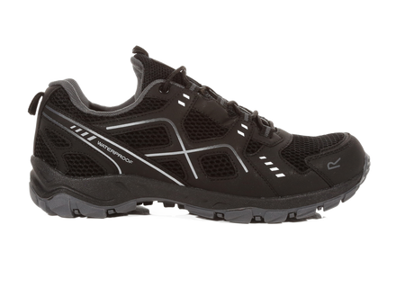 Black hiking shoe with gray accents on a white background