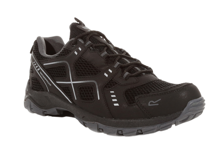 Black athletic shoe with gray accents on a white background