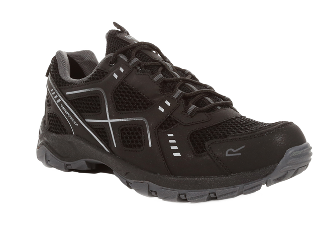 Black athletic shoe with gray accents on a white background