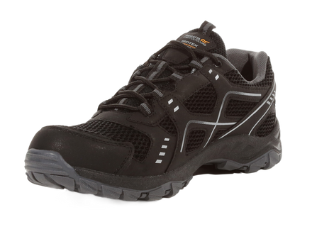 Black hiking shoe with mesh design on a white background