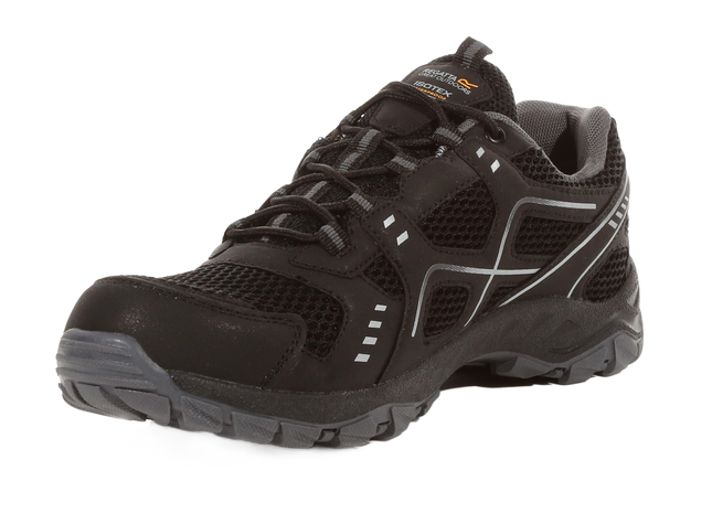 Black hiking shoe with mesh design on a white background