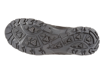 Close-up of a gray hiking boot sole on a white background