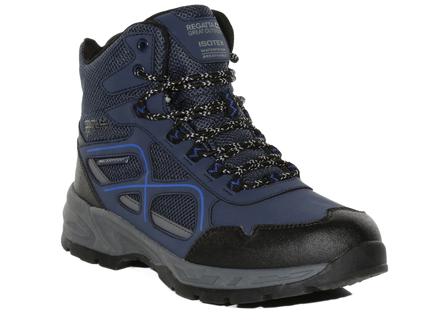 Blue and black hiking boot on a white background
