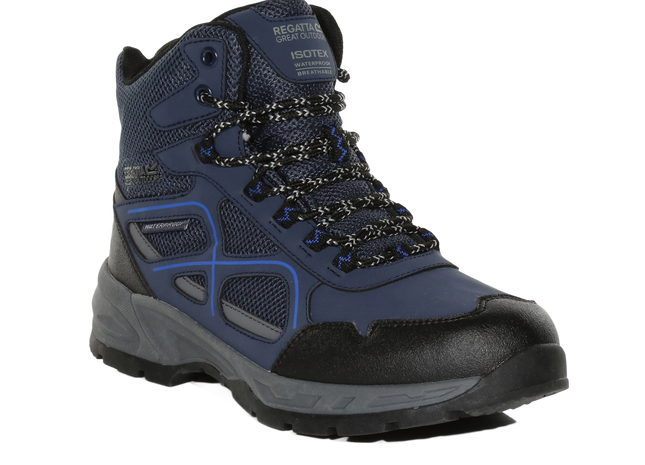 Blue and black hiking boot on a white background