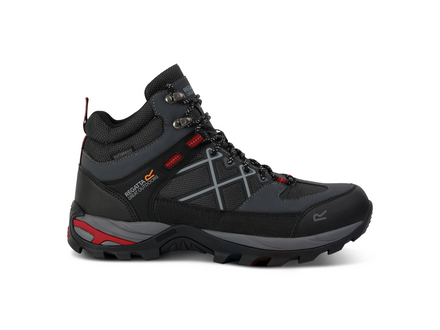 Black hiking boot with red accents on a white background