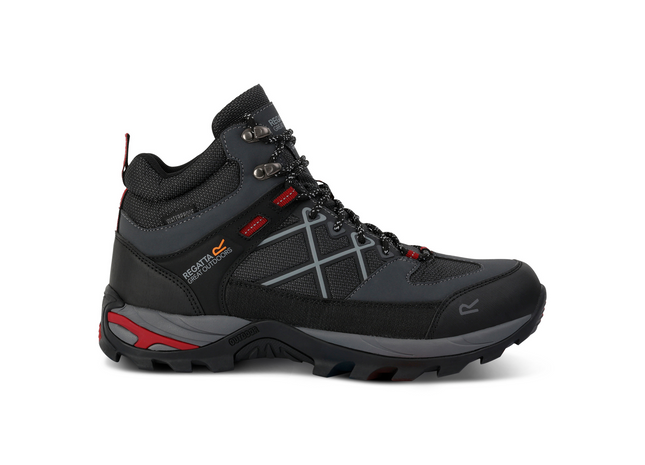 Black hiking boot with red accents on a white background