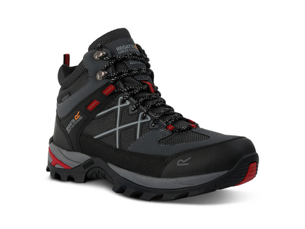 Gray hiking boot with red accents on a white background