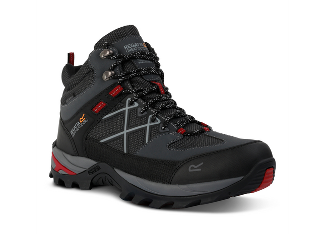 Gray hiking boot with red accents on a white background