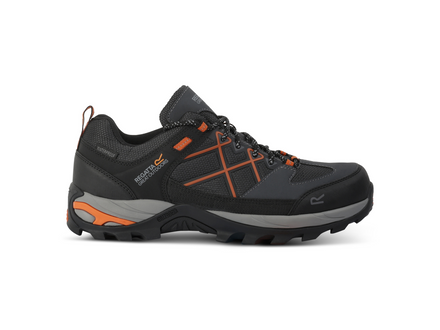 Black hiking shoe with orange accents on a white background