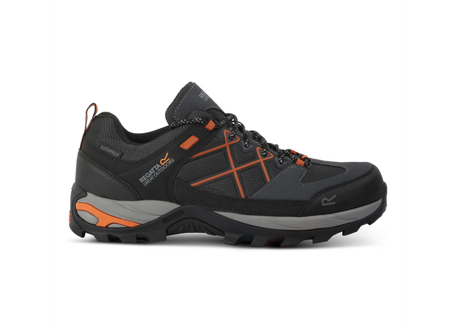 Black hiking shoe with orange accents on a white background