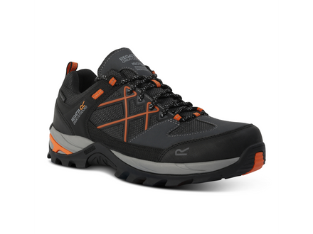 Gray hiking shoe with orange accents on a white background