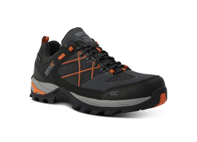 Gray hiking shoe with orange accents on a white background