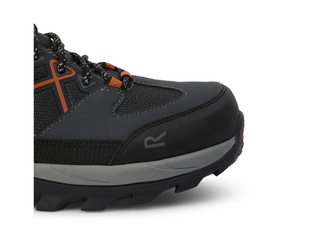 Black hiking boot with orange accents on a white background