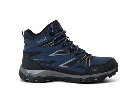 Blue hiking boot with black sole on a white background