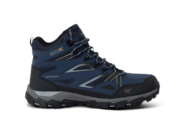 Blue hiking boot with black sole on a white background