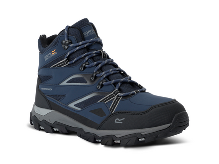 Blue hiking boot with black accents on a white background