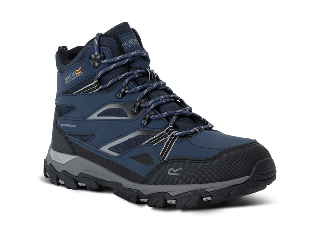 Blue hiking boot with black accents on a white background