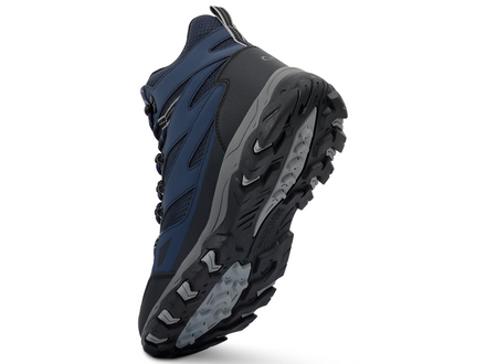 Black and blue athletic shoe on a white background