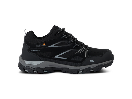 Black hiking shoe with gray sole on a white background