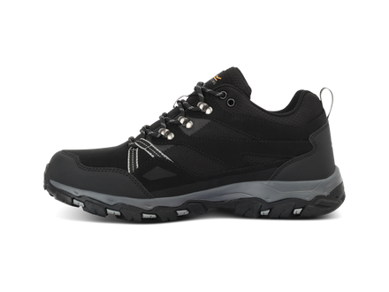 Black hiking shoe with gray sole on a white background