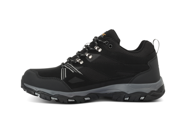 Black hiking shoe with gray sole on a white background