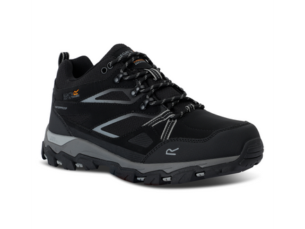 Black hiking shoe with gray accents on a white background