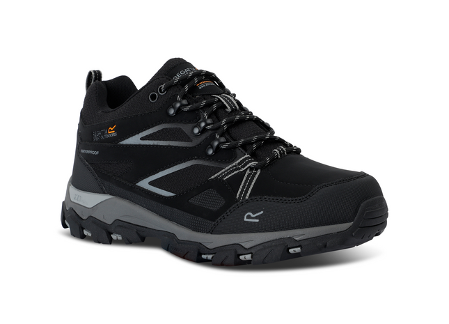 Black hiking shoe with gray accents on a white background