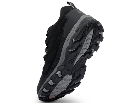 Black and gray athletic shoe on a white background