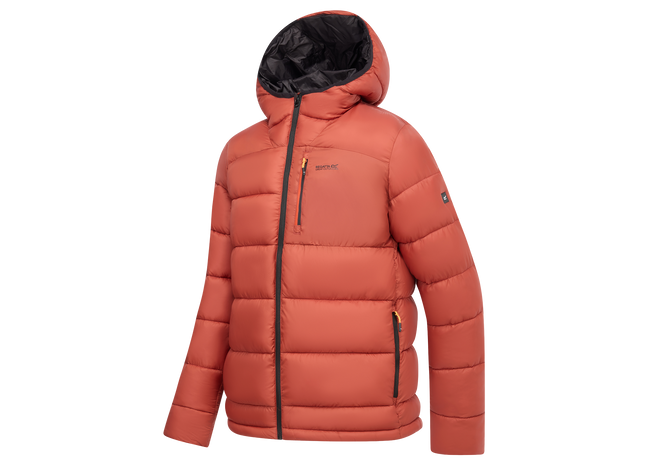 A hooded puffer jacket in a muted terracotta orange color, featuring black zippers, a black hood lining, and small orange zipper pulls, shown on a plain white background.