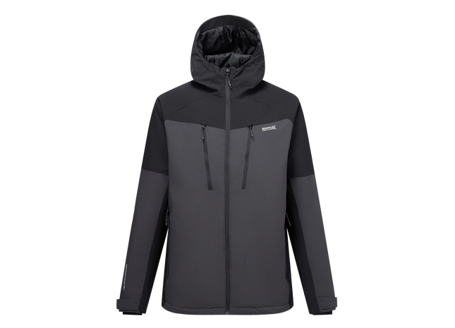 A dark gray and black hooded outdoor jacket with a full front zipper, zippered chest pockets, and a small white logo on the left chest, shown on a plain white background.