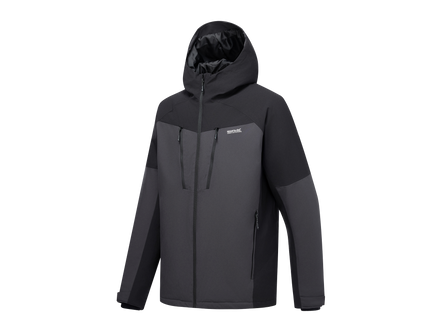 A dark gray and black hooded outdoor jacket with a full front zipper, zippered chest pockets, and zippered side pockets, shown on a plain white background.