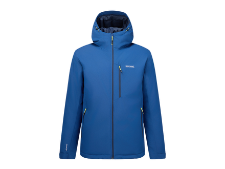 A blue hooded technical jacket with a full front zipper, a vertical chest zip pocket, and zippered hand pockets, shown on a plain white background.