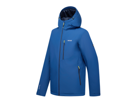 A blue hooded ski jacket with a full-length front zipper, zippered chest pocket, and zippered hand pockets, shown on a plain white background.