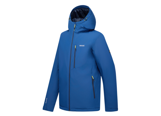 A blue hooded ski jacket with a full-length front zipper, zippered chest pocket, and zippered hand pockets, shown on a plain white background.