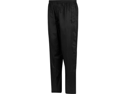 Black pants with a gathered elastic waistband and a vertical zippered pocket on the right leg, shown against a plain white background.