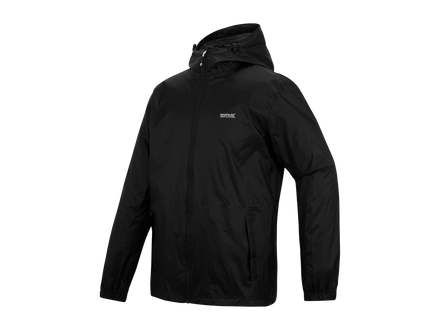A black hooded waterproof jacket with a small white Regatta logo on the left chest, displayed on a clean white background.