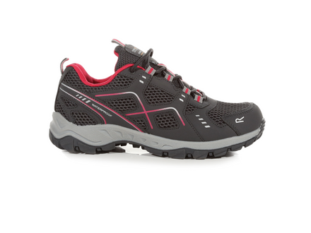 Black and red athletic shoe on a white background