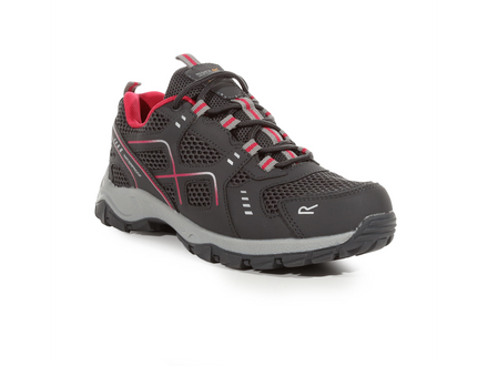 Gray and red athletic shoe on a white background