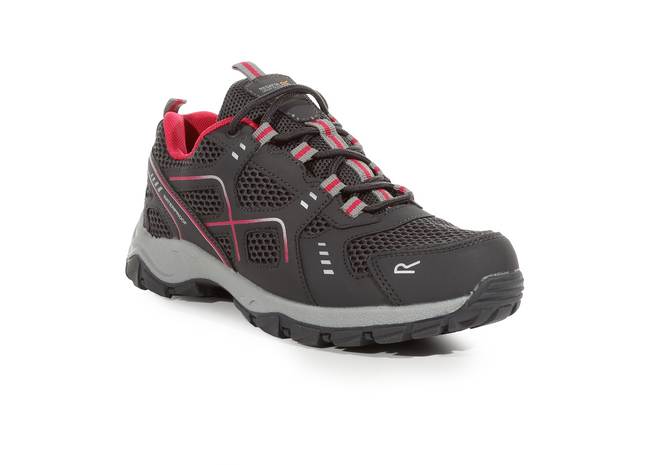 Gray and red athletic shoe on a white background