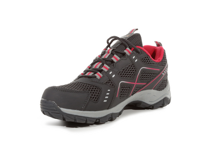 Gray and red athletic shoe on a white background