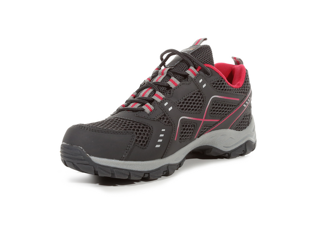 Gray and red athletic shoe on a white background