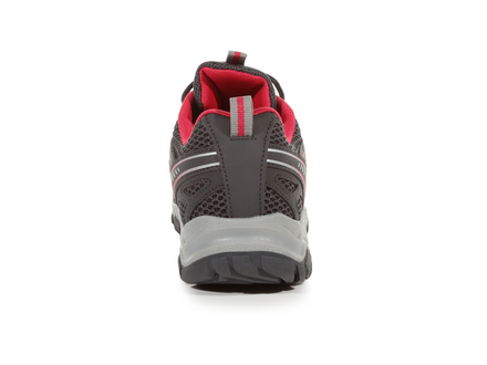 Gray and red athletic shoe on a white background